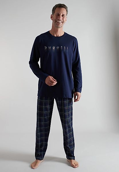 bugatti Pyjama Langarm, Rundhalsausschnitt, mit Logo, kariert, Baumwolle günstig online kaufen