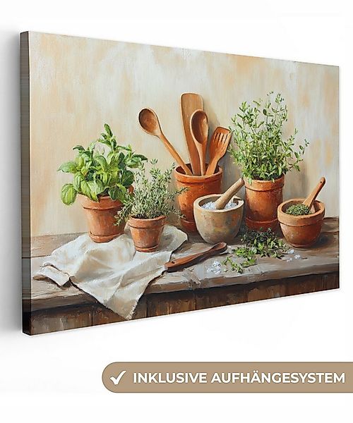 OneMillionCanvasses® Leinwandbild Töpfe - Kräuter - Holz, Fotodruck (1 St), günstig online kaufen