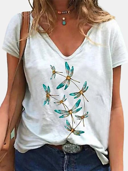 Dragonfly Print Kurzarm-T-Shirt mit V-Ausschnitt und V-Ausschnitt für Damen günstig online kaufen