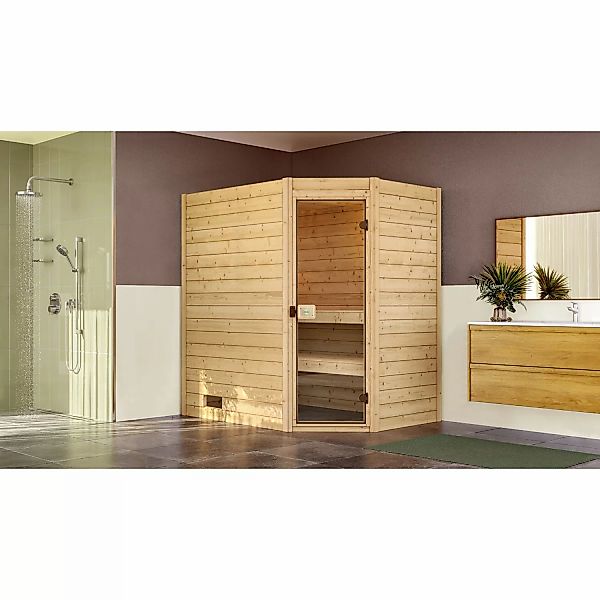 Weka Massivholzsauna Valida Eck 1 Sparset 4,5 kW OS Glastür günstig online kaufen