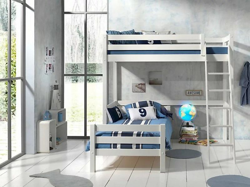 Natur24 Kinderbett Winkel-Hochbett Etagenbett Kiefer massiv Weiß lackiert 9 günstig online kaufen