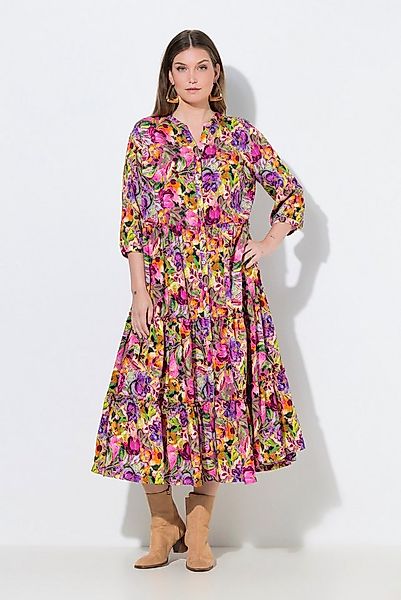 Ulla Popken Maxikleid Maxikleid Stehkragen V-Ausschnitt 3/4-Arm Knöpfe günstig online kaufen