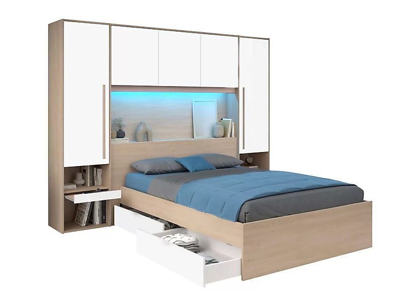 Bett mit Stauraum 140 x 190 cm mit LED-Beleuchtung - Holzfarben & glänzend günstig online kaufen