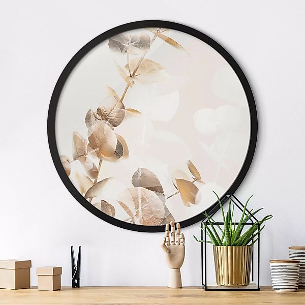 Rundes Gerahmtes Bild Goldene Eukalyptuszweige mit Weiß I günstig online kaufen