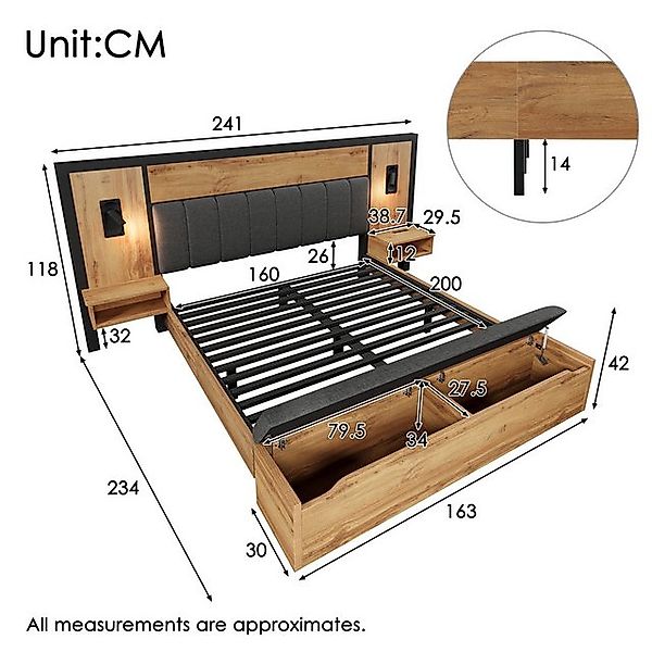 Ulife Polsterbett Struraumbett, Doppelbett, Funktionsbett mit Leselampe (Oh günstig online kaufen