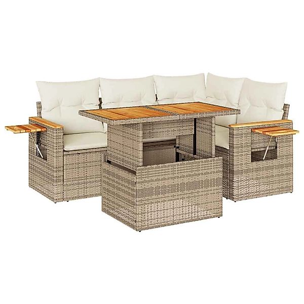 vidaXL 5-Tlg Garten-Sofagarnitur mit Kissen Beige Poly Rattan Akazie 332759 günstig online kaufen