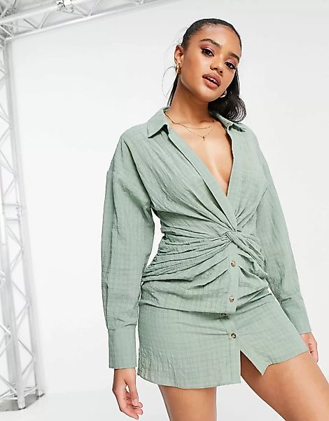 ASOS DESIGN – Mini-Hemdkleid mit Zierknoten vorne in Khaki-Grün günstig online kaufen
