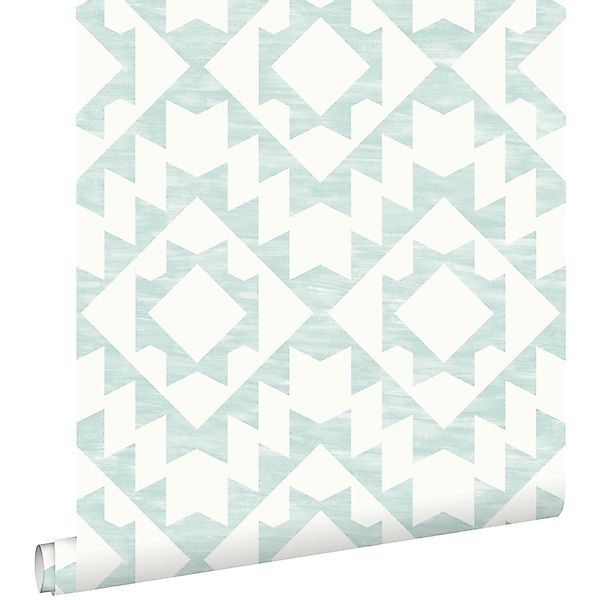 ESTAhome Tapete Marrakescher Aztec-Teppich Pastell Mintgrün und Weiß 53 cm günstig online kaufen