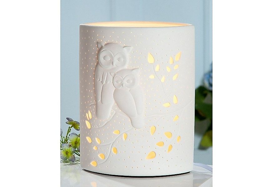 GILDE Tischleuchte Porzellan Lampe Ellipse Eulenpaar weiß 28cm, ohne Leucht günstig online kaufen
