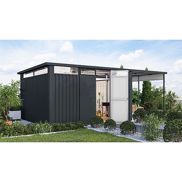 Karibu Gartenhaus Amato 4 m. Anbaudach Anthrazit 220 x 375,5 x 342 cm günstig online kaufen