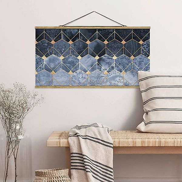 Stoffbild Abstrakt mit Posterleisten - Querformat Blaue Geometrie goldenes günstig online kaufen