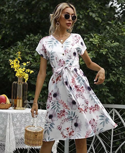 BlauWave Druckkleid Bedruckte Sommerkleider mit kurzen Ärmeln und Bindegürt günstig online kaufen