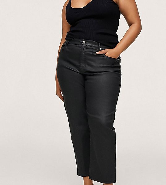 Mango Curve – Gerade geschnittene, beschichtete Jeans in Schwarz günstig online kaufen
