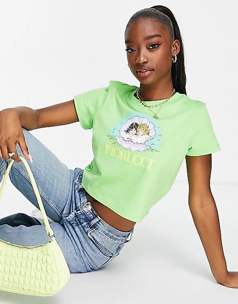 Fiorucci – Locker geschnittenes T-Shirt mit Muschel-Engel-Grafik-Grün günstig online kaufen