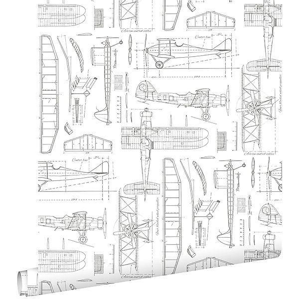 ESTAhome Tapete Kontruktionszeichnungen von Flugzeugen Weiß 53 cm x 10.05 m günstig online kaufen