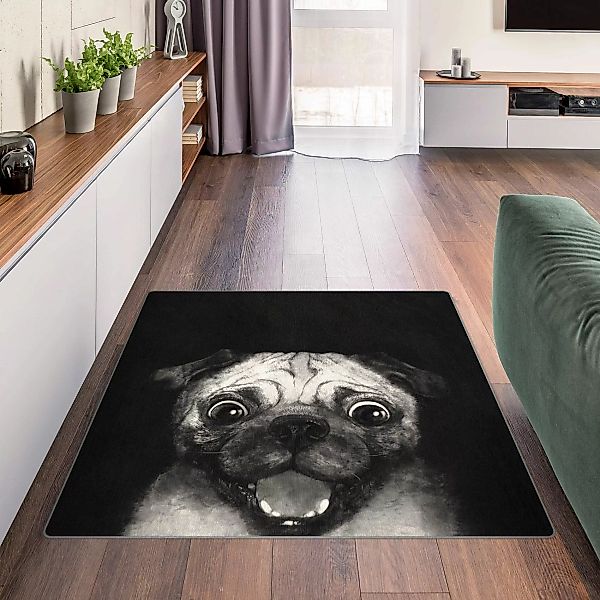 Teppich Illustration Hund Mops Malerei auf Schwarz Weiß günstig online kaufen