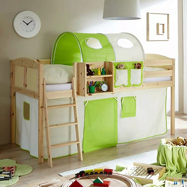 Halbhohes Kinderzimmerbett aus Kiefer Massivholz Tunnel und Vorhang in Grün günstig online kaufen