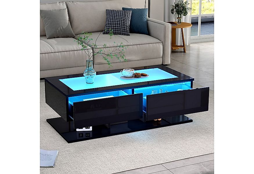 REDOM Couchtisch Hochglanz Beistelltisch mit Glasplatte und LED-Beleuchtung günstig online kaufen