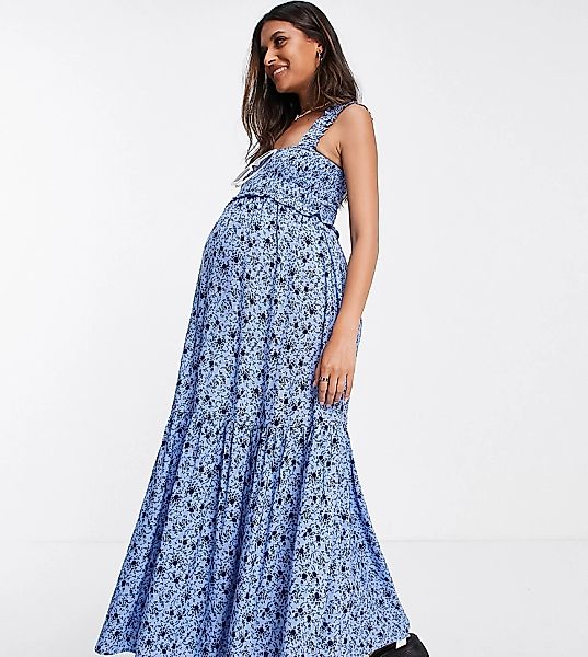 Topshop Maternity – Gesmoktes Kleid in Blau mit Blumenmuster-Mehrfarbig günstig online kaufen