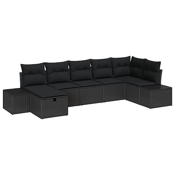 vidaXL Loungesofa 7-teiliges Garten-Sofa-Set mit Kissen Schwarz Poly-Rattan günstig online kaufen
