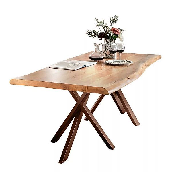 Tisch mit Baumkante Akazie massiv antik Braun Stahl günstig online kaufen
