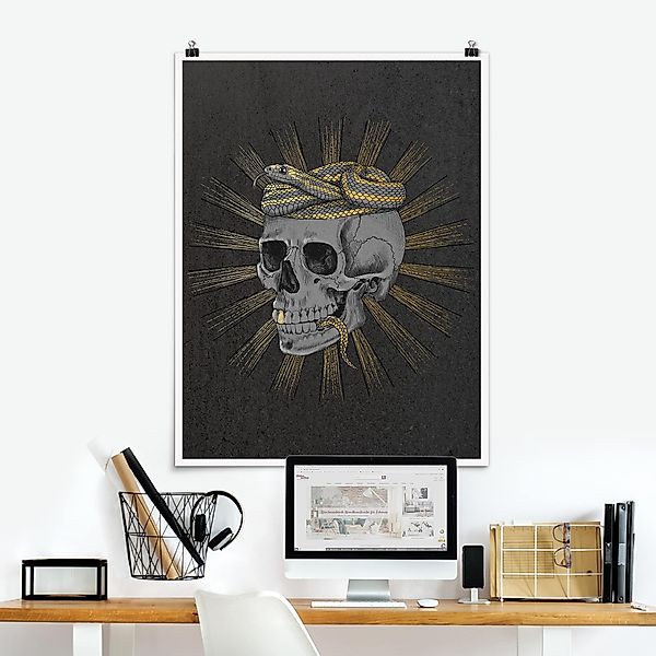 Poster - Hochformat Illustration Totenkopf und Schlange Schwarz Gold günstig online kaufen