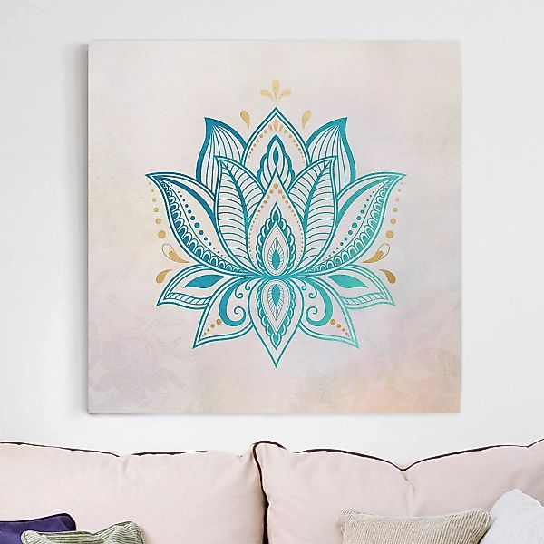 Leinwandbild Lotus Illustration Mandala gold blau günstig online kaufen