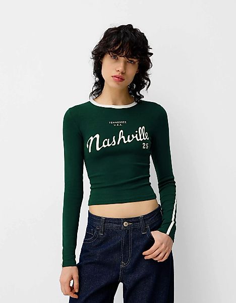 Bershka Langarmshirt Mit Print Damen L Grün günstig online kaufen