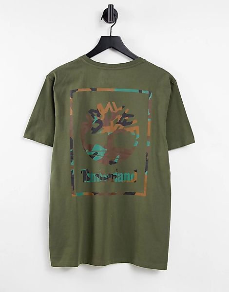 Timberland – Box Camo – T-Shirt in Khaki mit Rückenprint-Grün günstig online kaufen