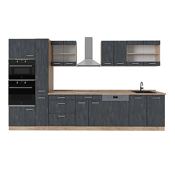 Vicco R-Line Komplettküche Schwarz Beton/Goldkraft Eiche 350 cm AP Eiche günstig online kaufen
