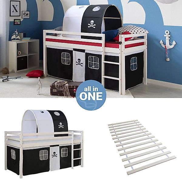 Homestyle4u Hochbett 90x200 mit Vorhang Lattenrost Tunnel in Weiß Pirat 253 günstig online kaufen