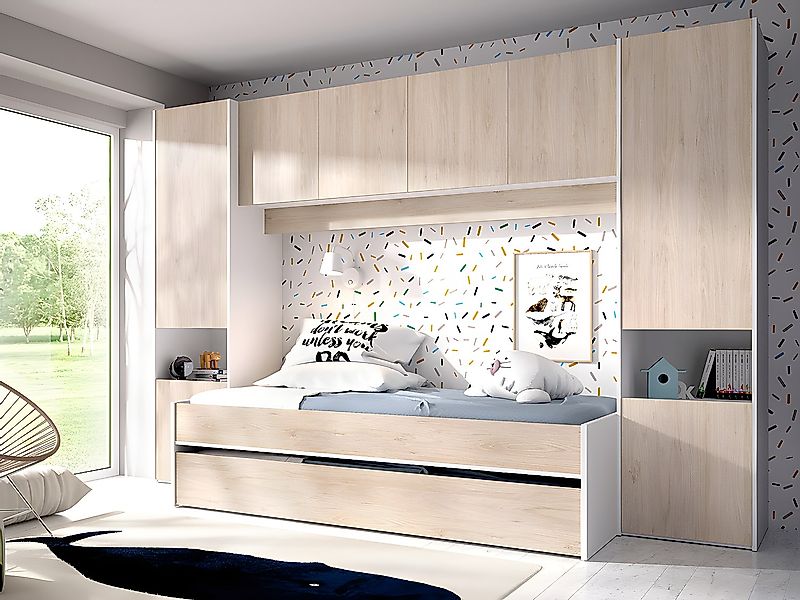 Ausziehbett mit Bettbrücke + Matratzen - 90 x 190 cm - Eichefarben & Weiß - günstig online kaufen