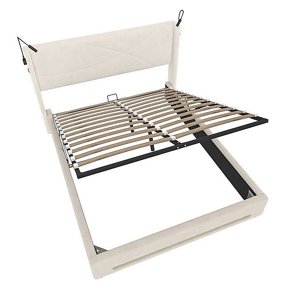 KLAM HOME Polsterbett 140x200 cm Bettgestell mit 2 Leselichtern und hydraul günstig online kaufen