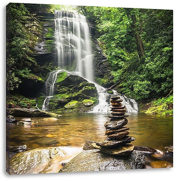 Pixxprint Leinwandbild Zen Steine vor Wasserfall, Zen Steine vor Wasserfall günstig online kaufen