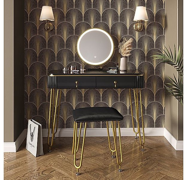 Vicco Schminktisch Grace, Schwarz Hochglanz, 100 cm mit LED Beleuchtung und günstig online kaufen