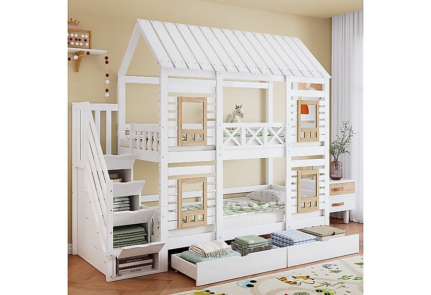 Flieks Etagenbett, Kinderbett Hausbett 90x200cm mit 2 Schubladen und Staura günstig online kaufen