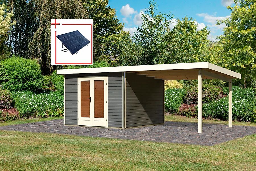 Karibu Gartenhaus "Rabensee 1" mit Anbaudach 3,30 m, terragrau günstig online kaufen