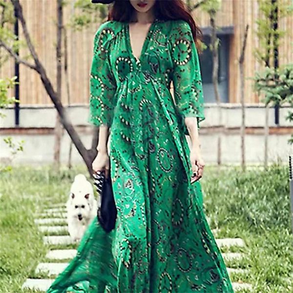 RUZU UG Dirndl Beliebtes Kleid mit V-Ausschnitt – bedrucktes langes Damenkl günstig online kaufen