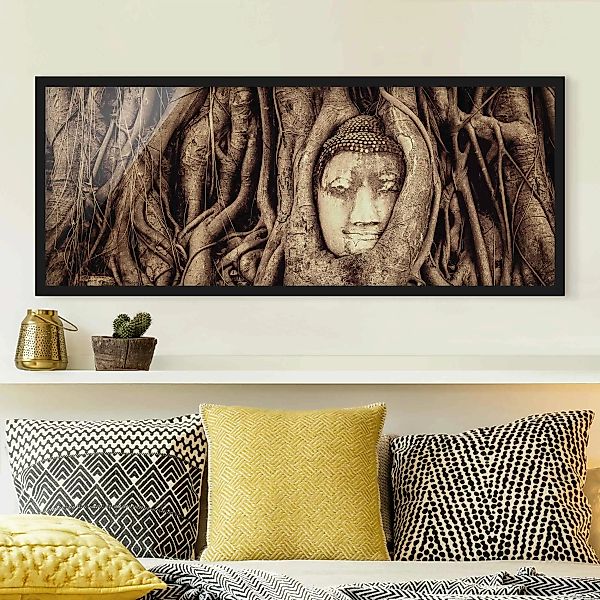 Bild mit Rahmen - Panorama Buddha in Ayutthaya von Baumwurzeln gesäumt in B günstig online kaufen