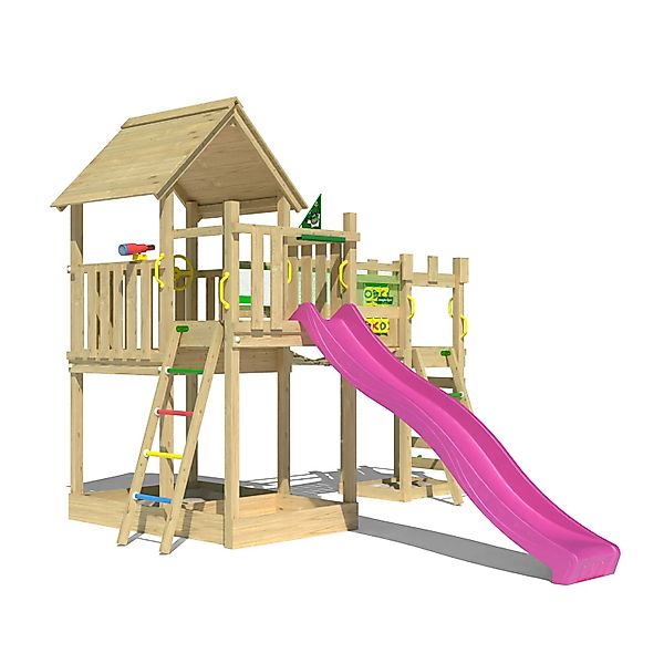 Jungle Gym Spielturm Lookout Holz Wackelbrücke Kletterrampe Rutsche Fuchsia günstig online kaufen