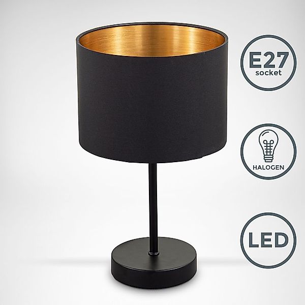 B.K.Licht Tischleuchte Stoffleuchte Schwarz-Gold Kabelschalter E27 günstig online kaufen