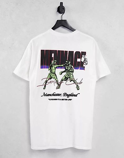 Mennace – T-Shirt in Weiß mit Box-Print in Vintage-Optik hinten günstig online kaufen