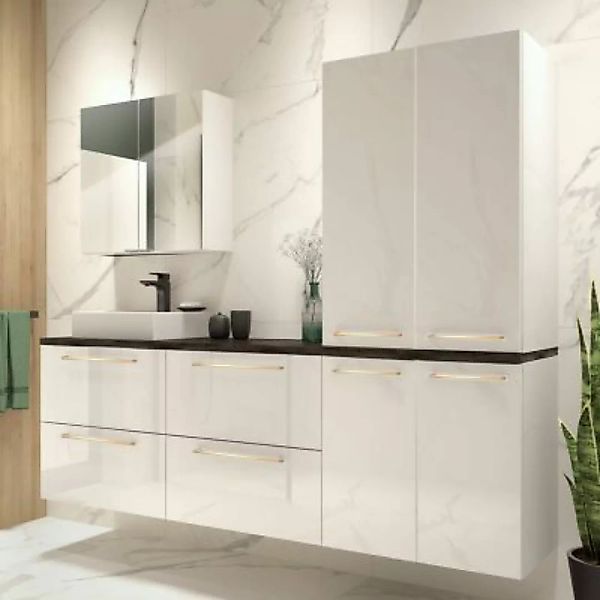 Lomadox Badezimmer Set in Weiß Hochglanz mit Waschtischplatte in Beton Dunk günstig online kaufen