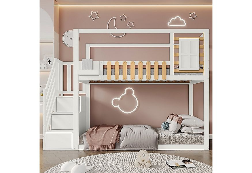 Flieks Etagenbett, Kinderbett Kiefernholzbett mit Treppe und Stauraum 90x20 günstig online kaufen