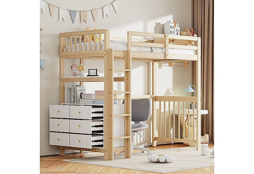 Flieks Hochbett Massivholz Kinderbett 90x200cm mit 6-Schubladen-Kommode und günstig online kaufen