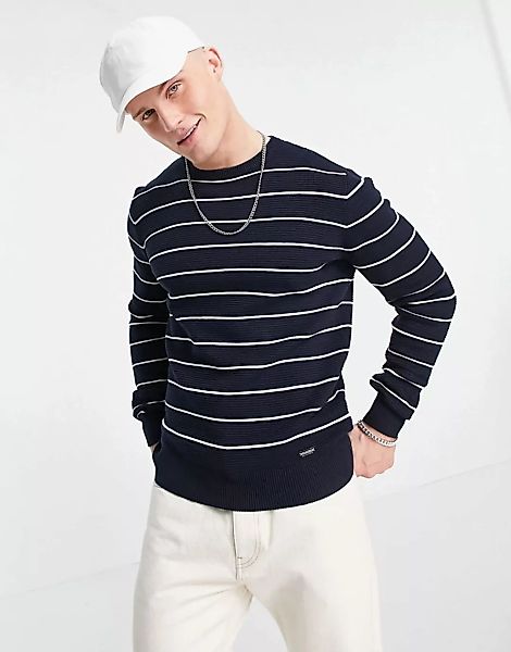 Threadbare – Pullover in Marineblau gestreift mit Rundhalsausschnitt günstig online kaufen