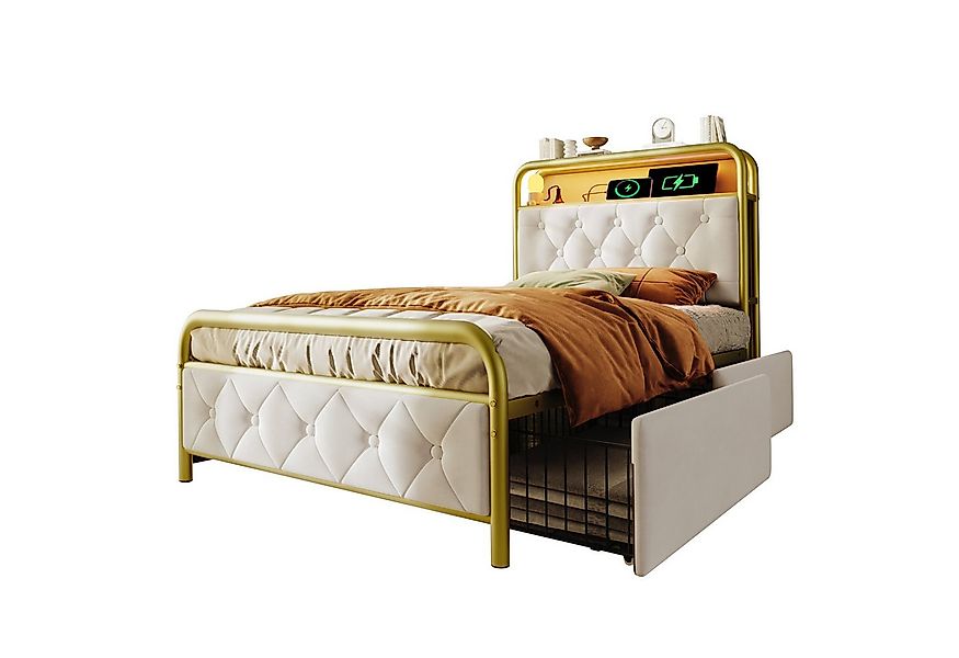 Flieks Metallbett, LED Polsterbett Einzelbett 90x200cm mit Ladenfunktion un günstig online kaufen