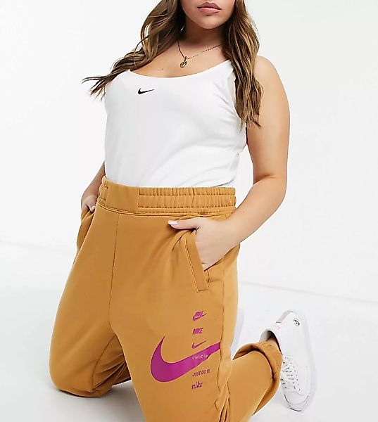 Nike Plus – Jogginghose mit hohem Bund und Swoosh-Logo in Beige-Neutral günstig online kaufen