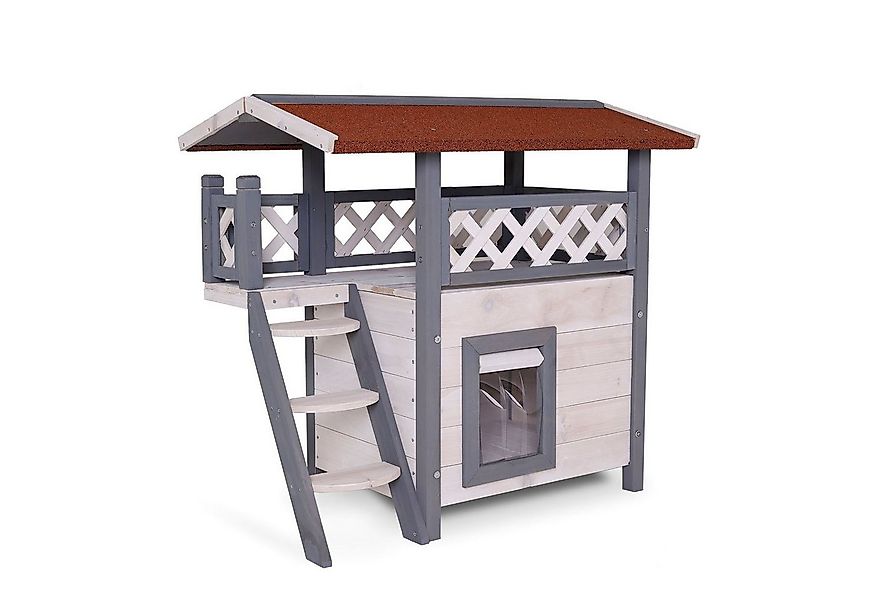 lionto Tierhaus Katzenhaus Lodge, mit Terrasse & Treppe, grau/weiß günstig online kaufen