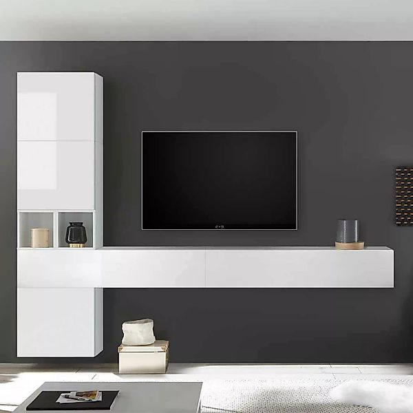 Wohnzimmer Schrankwand in Weiß Hochglanz hängend (siebenteilig) günstig online kaufen